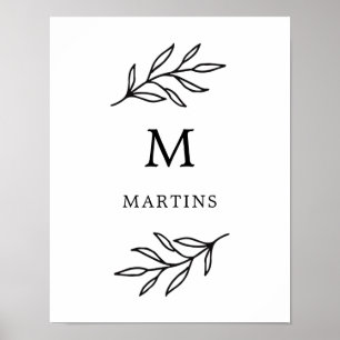 Minimaal zwart-wit leder-monogram van botanische b poster