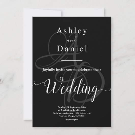 Minimaal zwart-wit monogram delicate bruiloft kaart (Voorkant)