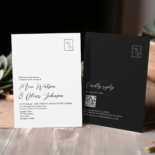Minimaal zwart-wit monogram trouw-QR-code Kaart