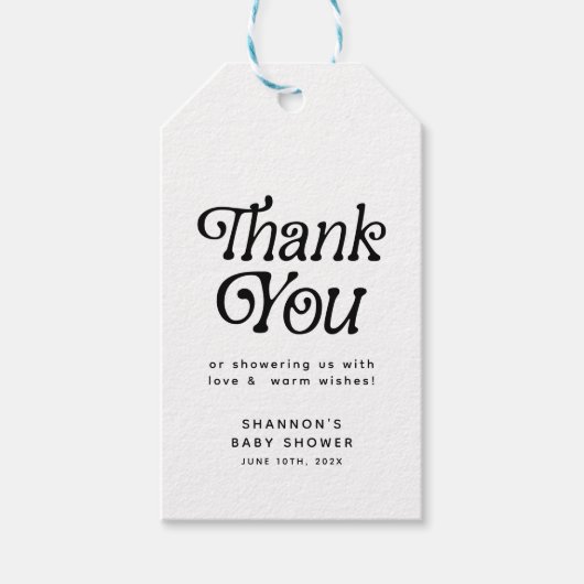 Minimaal zwart-wit retro Baby shower Dank u Cadeaulabel (Voorkant)