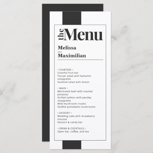 Minimaal zwart-wit vet en elegant bruiloft menu (Voorkant / Achterkant)