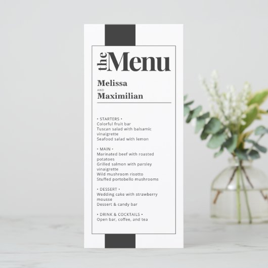 Minimaal zwart-wit vet en elegant bruiloft menu (Staand voorkant)