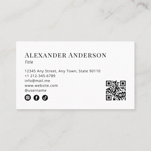 Minimaal zwart-wit Voeg uw Logo QR-code toe Visitekaartje (Achterkant)
