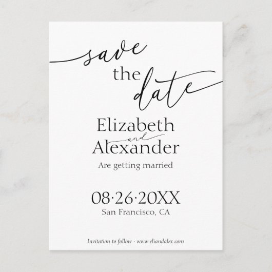 Minimaal zwart-witscript Fancy De datum opslaan Briefkaart (Voorkant)