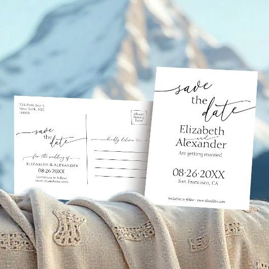 Minimaal zwart-witscript Fancy De datum opslaan Briefkaart