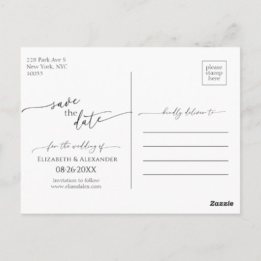 Minimaal zwart-witscript Fancy De datum opslaan Briefkaart (Achterkant)