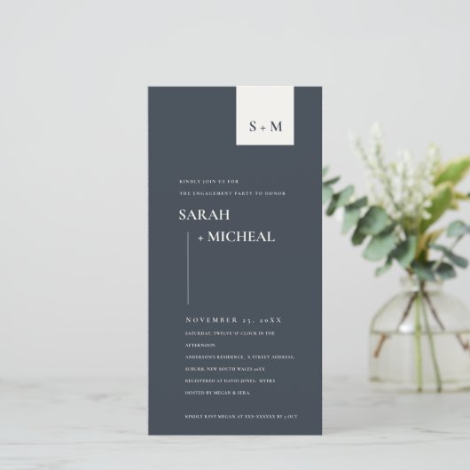 MINIMAAL ZWARTE EN WITTE MONOGRAM VERLOVING INVITE BEDANKKAART (Staand voorkant)