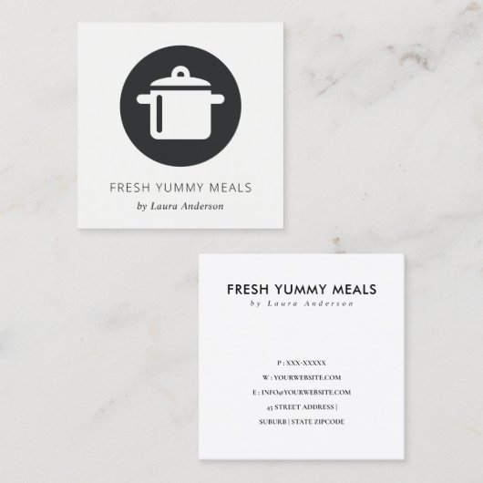 MINIMAAL ZWARTE EN WITTE POT MEAL CHEF CATERING VIERKANTE VISITEKAARTJE (Voorkant / Achterkant)
