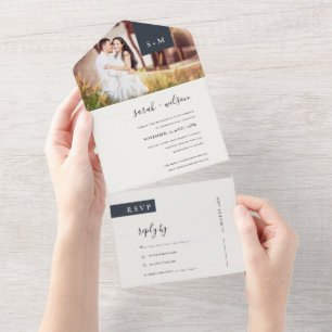 MINIMAAL ZWARTE WITTE MONOGRAM WEDING FOTO ALLEMAA ALL IN ONE UITNODIGING