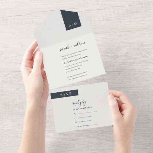 MINIMAAL ZWARTE WITTE MONOGRAM WEDING SCANDI ALL IN ONE UITNODIGING (Afscheurbaar)