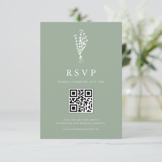 Minimailist Botanicals Sage Green QR Code Wedding RSVP Kaartje (Staand voorkant)