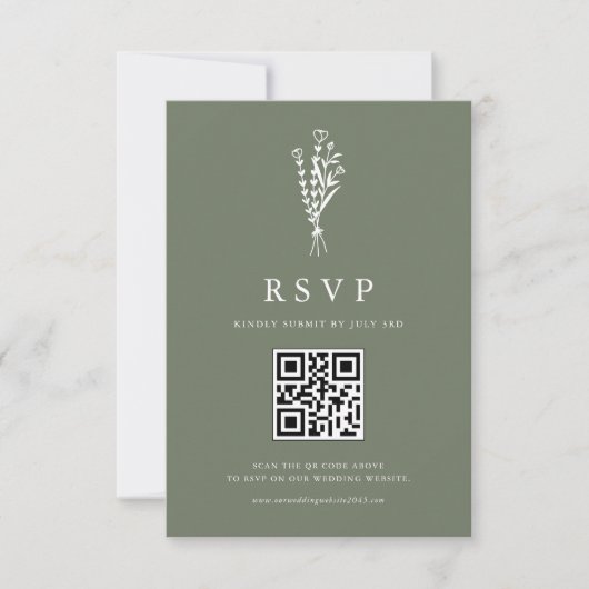 Minimailist Bouquet Taupe Green QR Code Huwelijk RSVP Kaartje (Voorkant)