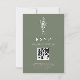 Minimailist Bouquet Taupe Green QR Code Huwelijk RSVP Kaartje