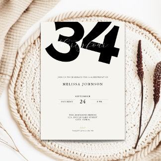 Minimal 34th Birthday Invitation - Bold Typo Kaart