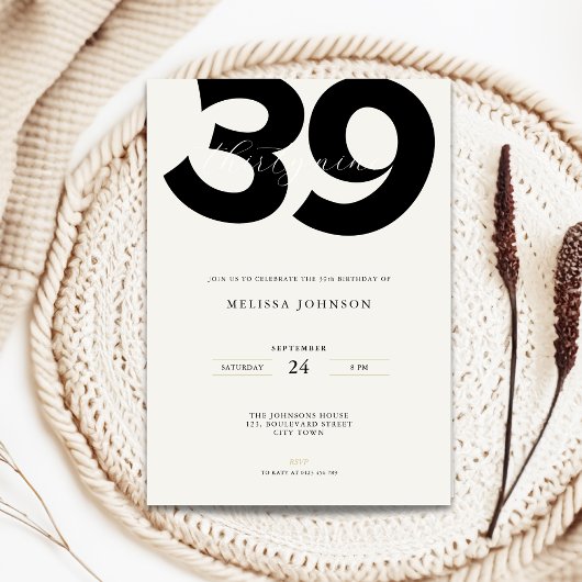 Minimal 39th Birthday Invitation - Bold Typo Kaart