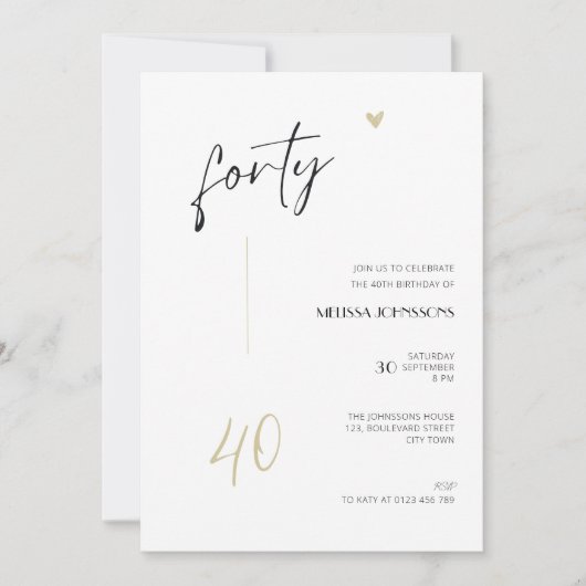 Minimal 40th Birthday Invitation Black and White Kaart (Voorkant)