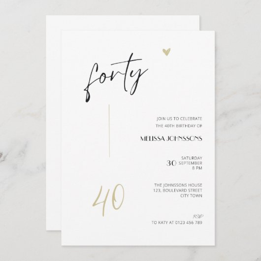 Minimal 40th Birthday Invitation Black and White Kaart (Voorkant / Achterkant)