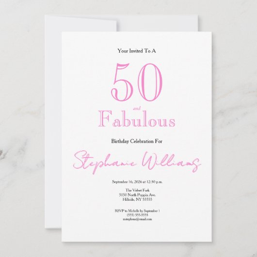 Minimal 50 and Fabulous Pink 50th Birthday Kaart (Voorkant)
