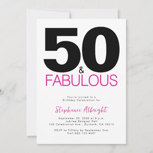 Minimal 50 and Fabulous Pink 50th Birthday Party I Kaart (Voorkant)