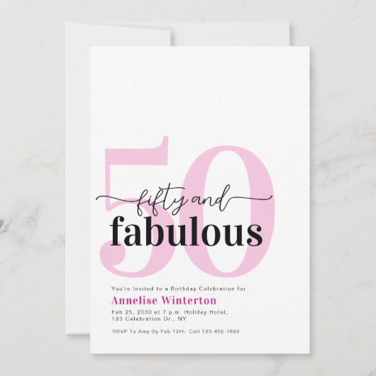 Minimal 50 and Fabulous Pink 50th Birthday Party Kaart (Voorkant)