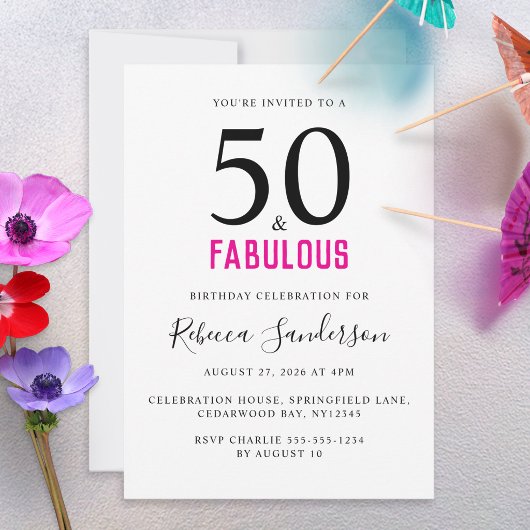 Minimal 50 and Fabulous Pink 50th Birthday Party Kaart