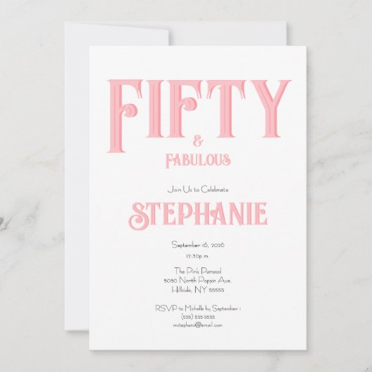 Minimal 50 and Fabulous Pink 50th Birthday Party Kaart (Voorkant)