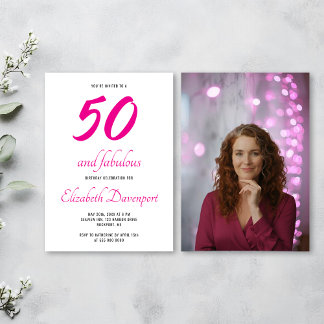 Minimal 50 and Fabulous Pink Photo Birthday Kaart