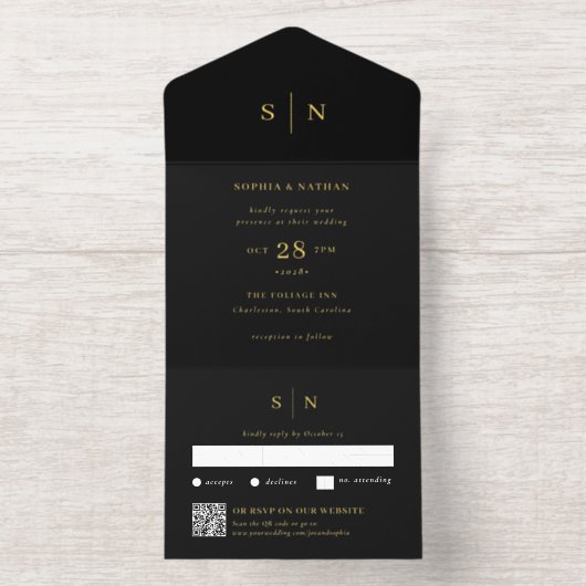 Minimal and Chic Black | QR Code Wedding Gold Foil All In One Uitnodiging (Binnenkant)