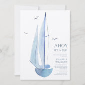 Minimal Aquarelle Sailboat Baby shower Ahoy Boy's Kaart (Voorkant)