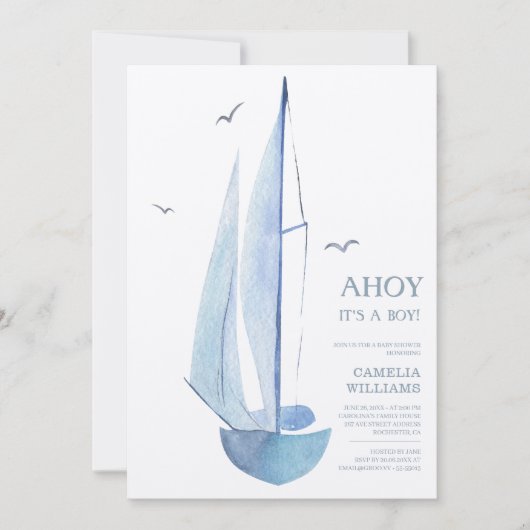 Minimal Aquarelle Sailboat Baby shower Ahoy Boy's Kaart (Voorkant)