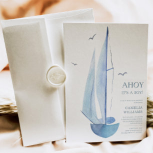 Minimal Aquarelle Sailboat Baby shower Ahoy Boy's Kaart