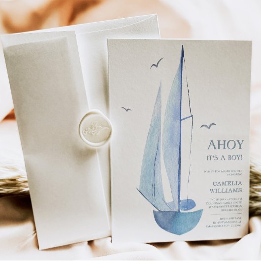 Minimal Aquarelle Sailboat Baby shower Ahoy Boy's Kaart