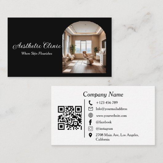 Minimal Arch Aesthetic Clinic QR Code Black White Visitekaartje (Voorkant / Achterkant)