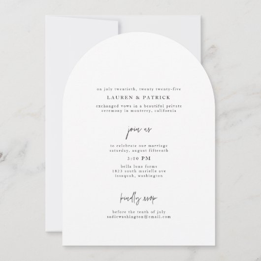 Minimal Arch Elopement Wedding Aankondiging Kaart (Achterkant)