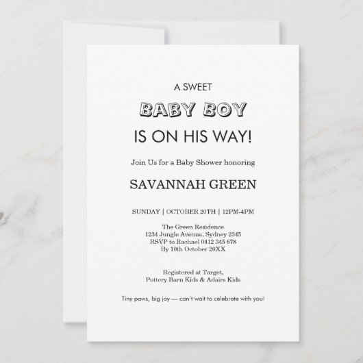 Minimal Baby Boy Shower Typography Design Kaart (Voorkant)