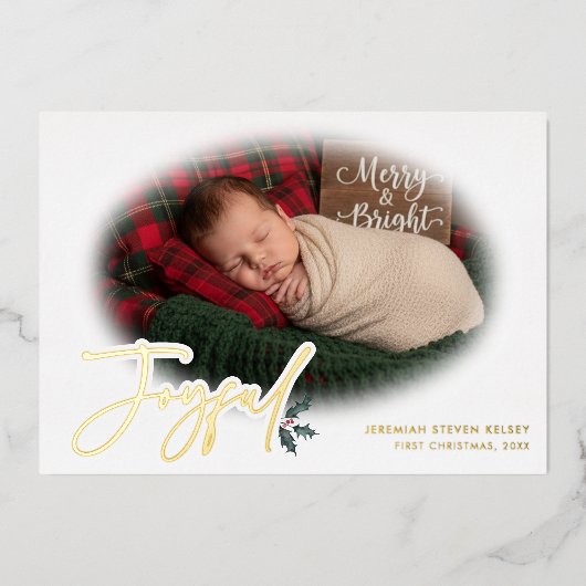 Minimal Baby First Christmas Joyful Folie Feestdagenkaart (Voorkant)