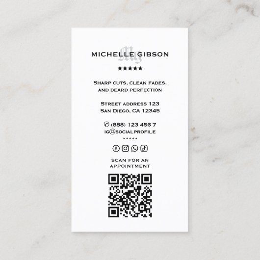 Minimal BarberShop Grid Wit Modern Visitekaartje (Achterkant)