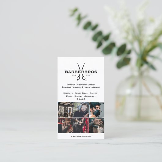 Minimal BarberShop Grid Wit Modern Visitekaartje (Staand voorkant)