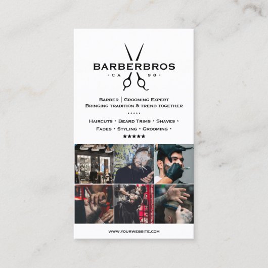 Minimal BarberShop Grid Wit Modern Visitekaartje (Voorkant)