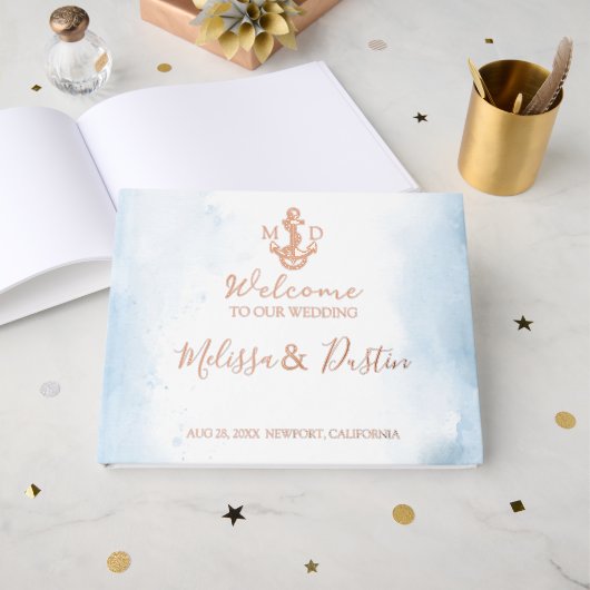 Minimal Beach Anchor Kust Nautische bruiloft Folie Gastenboek (Voorkant open)
