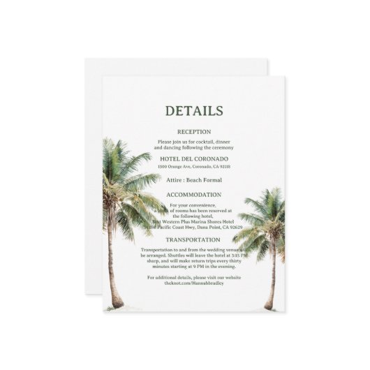 Minimal Beach Palm Trees Wedding Details Card Informatiekaartje (Voorkant / Achterkant in situ)