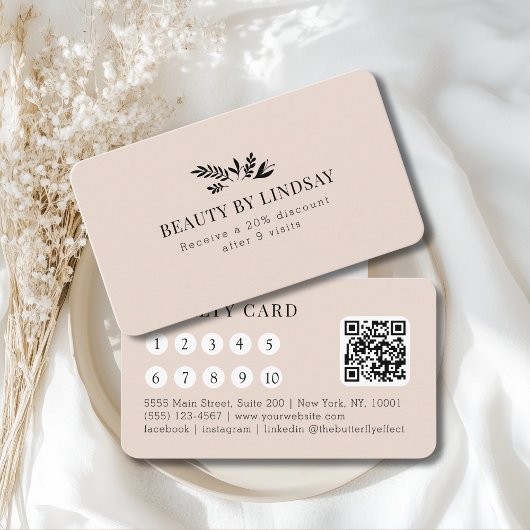 Minimal Beige Botanical Salon QR-Code Loyalty Visitekaartje