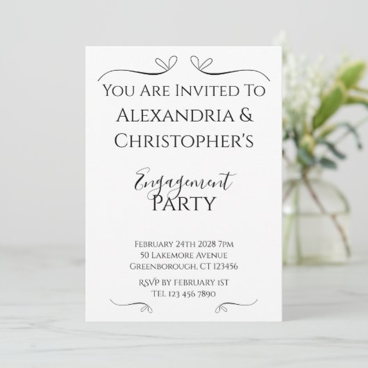 Minimal Black and White Script Engagement Party Kaart (Staand voorkant)