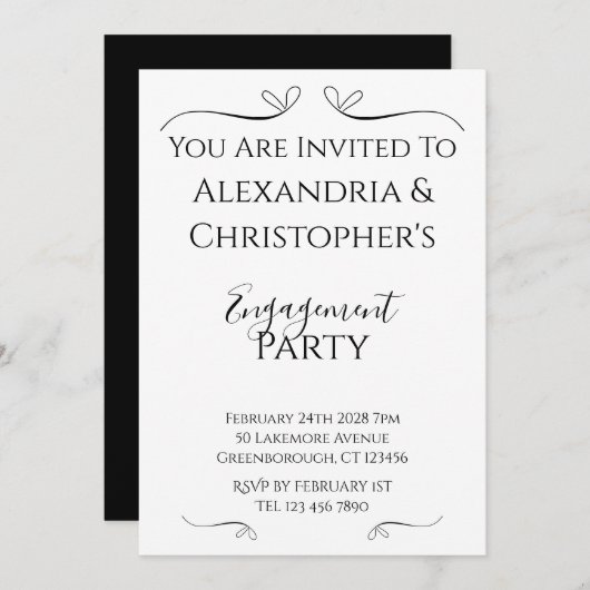 Minimal Black and White Script Engagement Party Kaart (Voorkant / Achterkant)