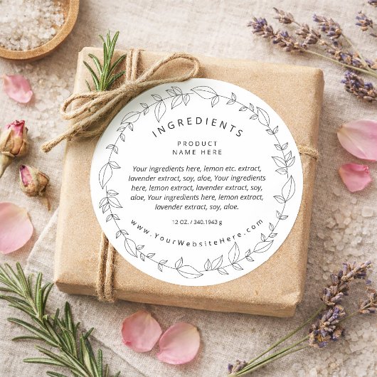Minimal Black and White Wreath Ingredients Label