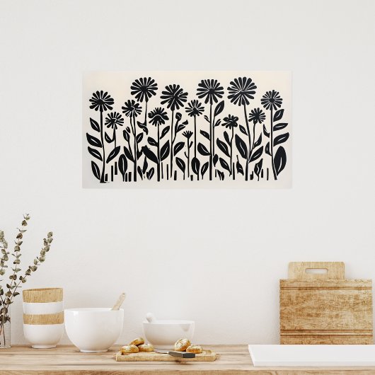 Minimal Black Botanical Poster – Moderne bloemsier (Keuken)