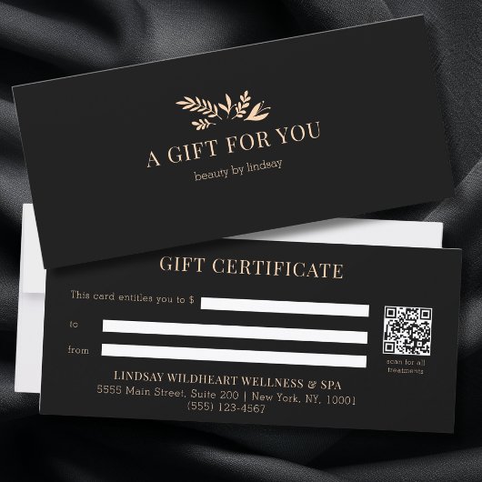 Minimal Black Botanical QR Code Gift Certificates