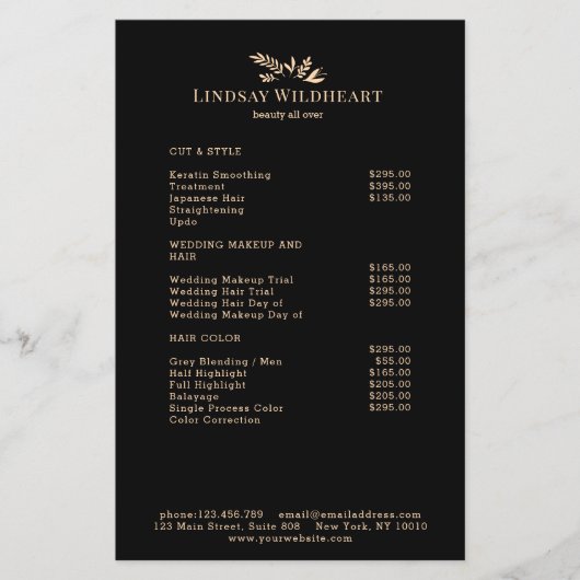 Minimal Black Botanical Salon QR Code Price List Flyer (Voorkant)