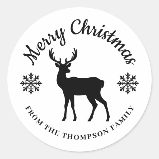 Minimal Black Deer And Snowflakes Merry Christmas Ronde Sticker (Voorkant)