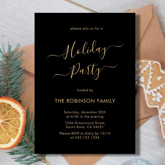 Minimal Black Gold Calligraphy Holiday Party Kaart